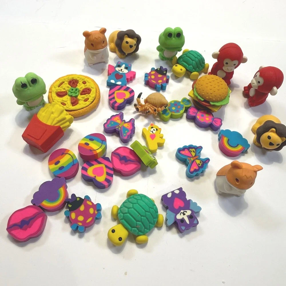 Novelty Eraser Lot 30+ Pc Animals Food Rainbows 3D Puzzle Erasers with Jar